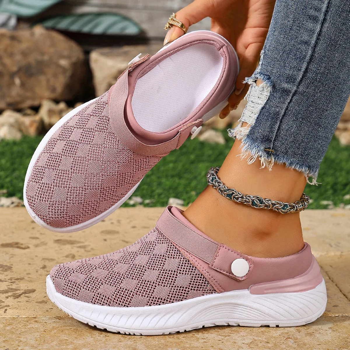 Verstellbare Schnallen-Rückenriemen Keilabsatz-Pantoletten für Damen, Atmungsaktives Strickmesh, Rutschfeste Weiche Sohle, Tägliche Geh- und Freizeitschuhe – Detail 4
