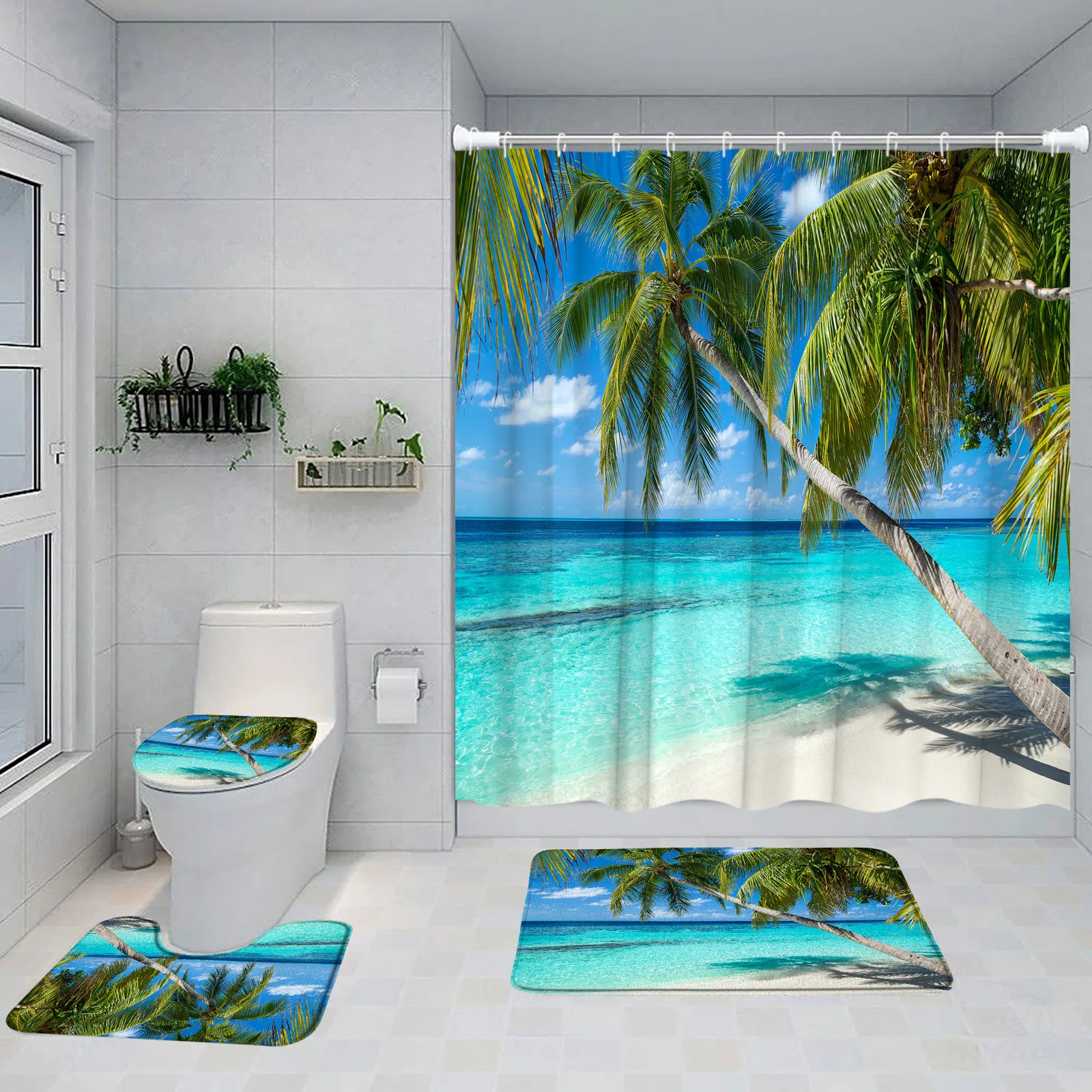 Island Beach Shower Curtain Set Tropical Coconut Tree Green Plants Ocean Nature Landscape Bathroom Decor Bath Mats Toilet Cover