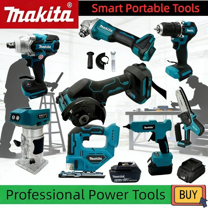 

Makita High-Performance Brushless Tool Combo Kit: Angle Grinder, Electric Chainsaw, Air Inflator, Hot Glue Gun With Charge