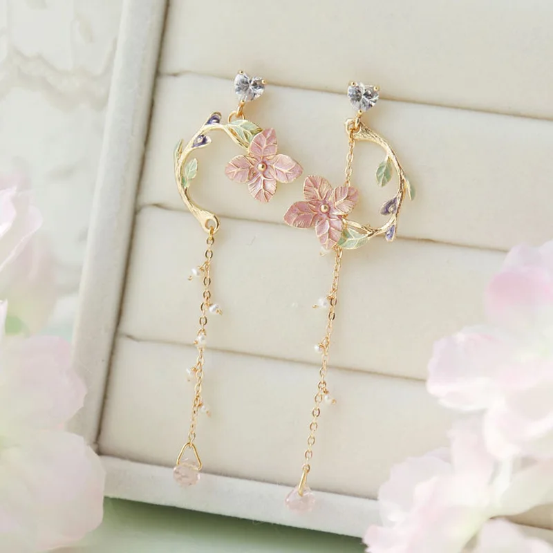 Delicate Asymmetric Flower Tassel Earrings for Women Sweet Cute Aniaml Cat Rose Drop Earring Girls Party Wedding Jewelry Gift