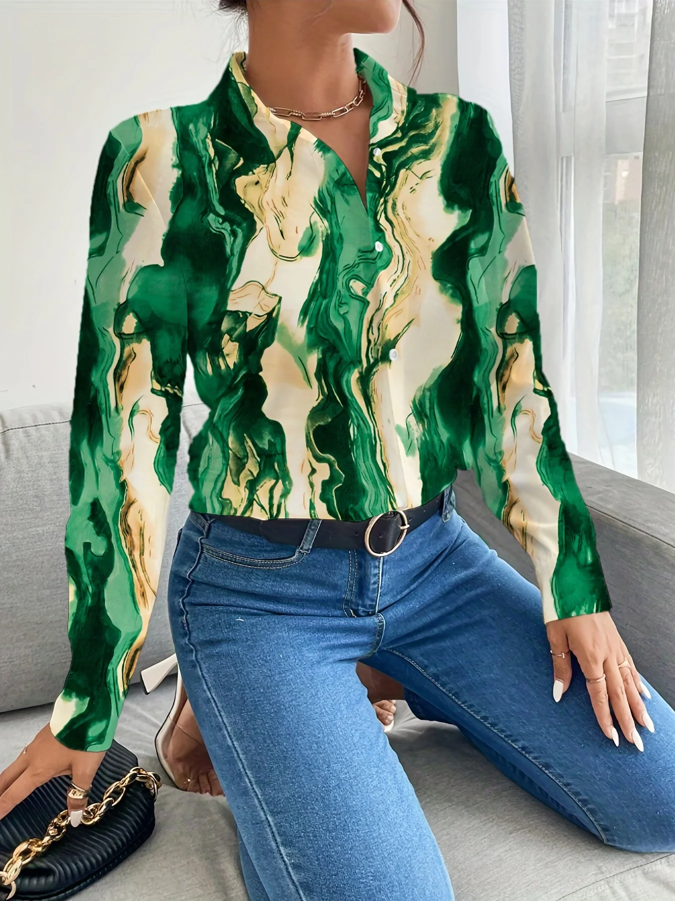 Nueva llegada elegante pintura al óleo impresión camisa de mujer Top-Blusa de moda