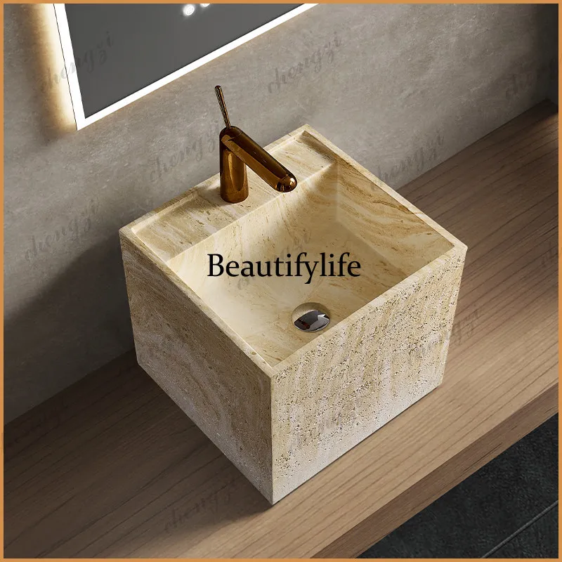 Medieval style wabi-sabi style marble travertine floor-to-ceiling wash basin hotel homestay column basin