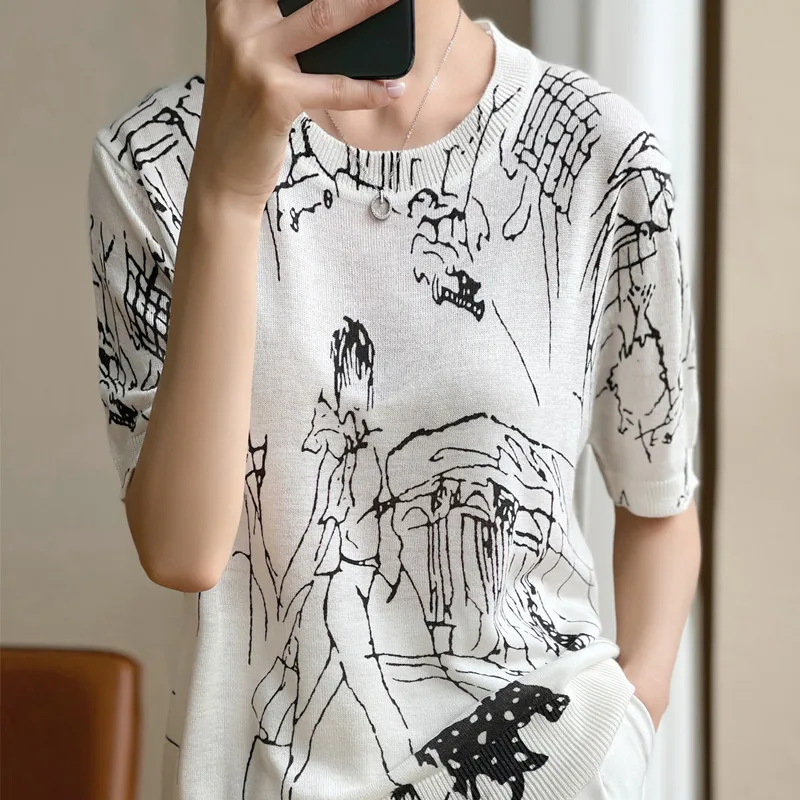 Summer New Korean Women's Worsted Wool Knit Round Neck Pullover Thin Short Sleeve T-Shirt Graffiti Loose Fashion Sweater To