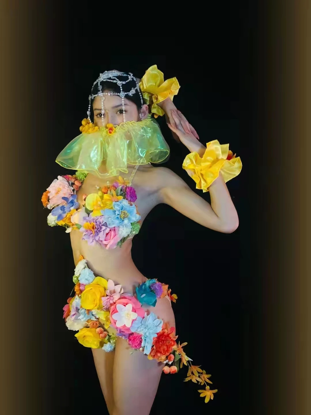 Sexy Club Party Show Rave Outfits Yellow Flowers Bikini Rhinestones Nakrycie głowy Performance Stage Wear Festival Gogo Dance Costume
