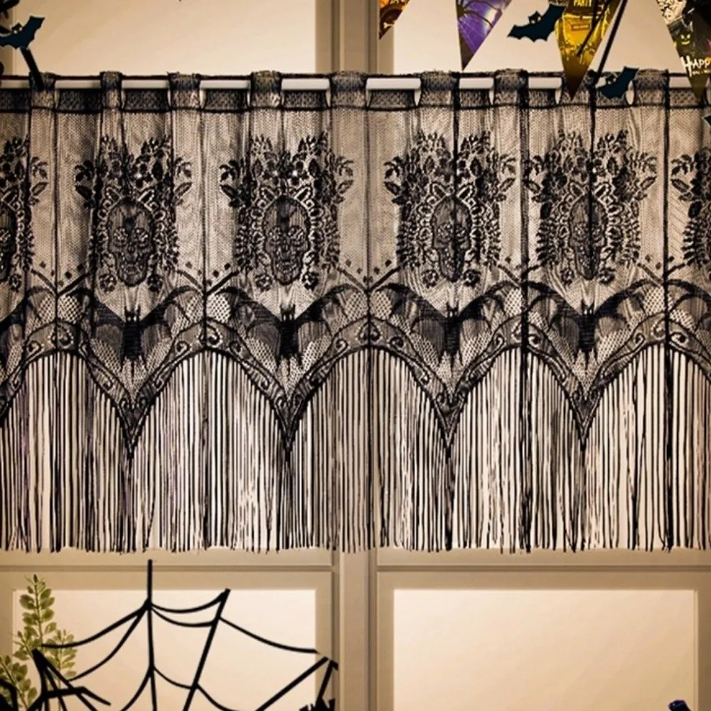 Gothic Style Lace Bat Skeleton Head Lampshade Decorative Scary Spider Web Lamp Shade Cover Black Halloween Coffee Curtain