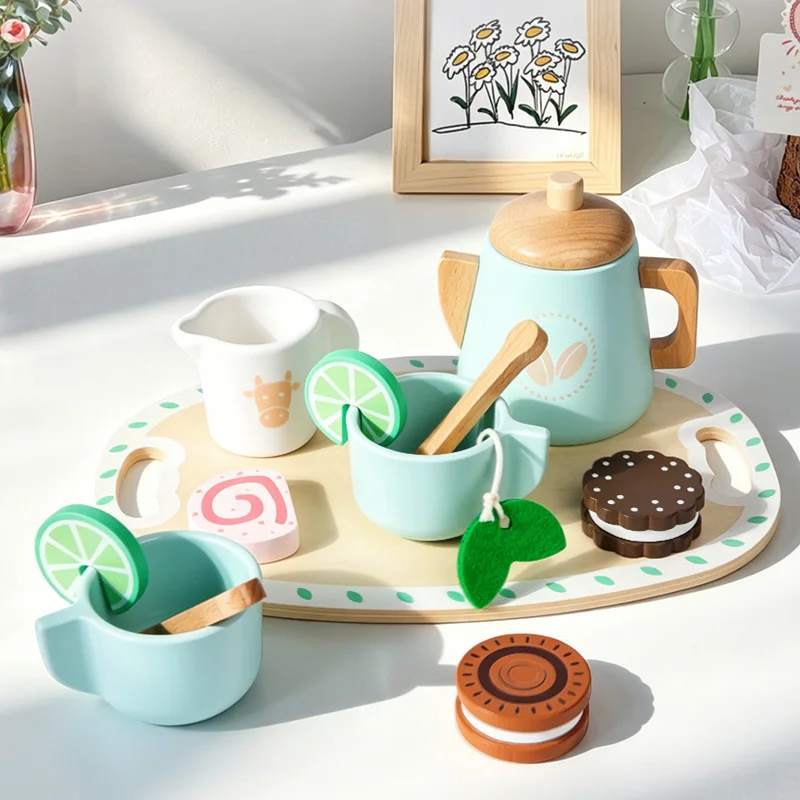 Kids Wooden Educational Toys Pretend Play Tea Dessert Set Role Play Game for Kindergarten Toddlers view 4