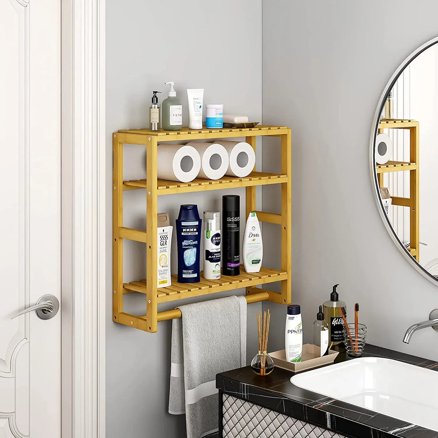 

Bathroom Organizer Bamboo Adjustable 3 Tiers Floating Shelf Over The Toilet Storage Cabinet