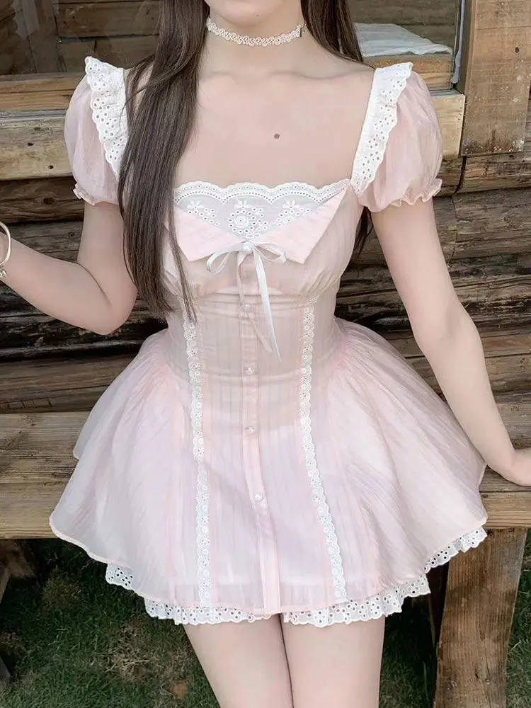 Robe rose à manches bulles pour femmes, Design doux, coupe coréenne, Chic, Kawaii Y2k, nouvelle mode, vêtements d'été mignons et Slim en dentelle