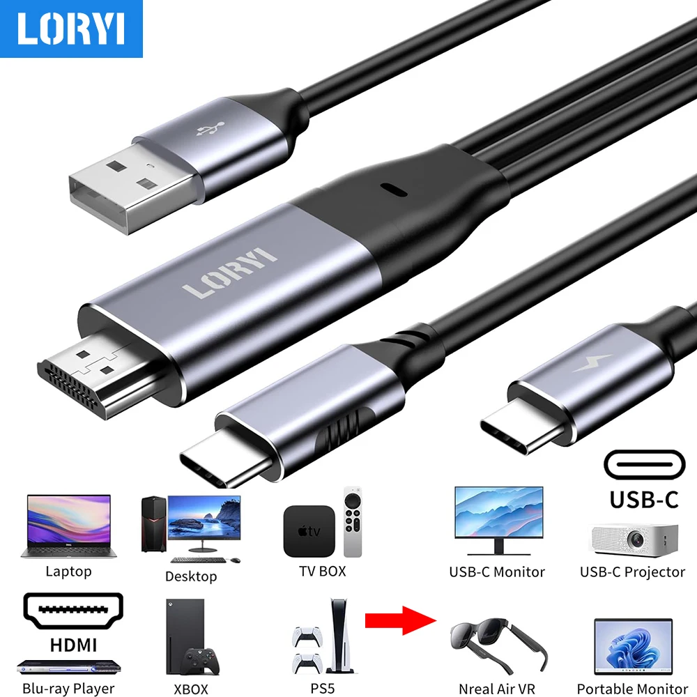 LORYI HDMI to USB C Cable 8.2Ft 4K 60Hz HDMI  to Type-C Adapter Thunderbolt 3 To HDMI For Portable Monitor MacBook Pro PS4 XBOX