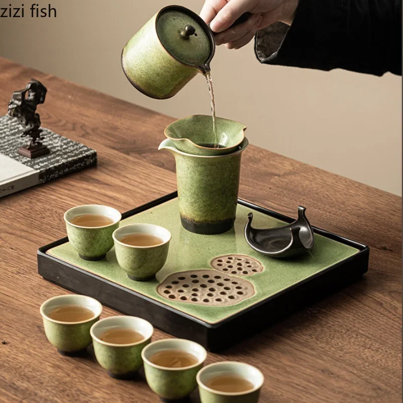 Kiln Transformation Kung Fu Tea Set Green Teapot Teacup Side Teapot Handle Tea Making Pot Afternoon Teas Teaware Set Teas Kettle