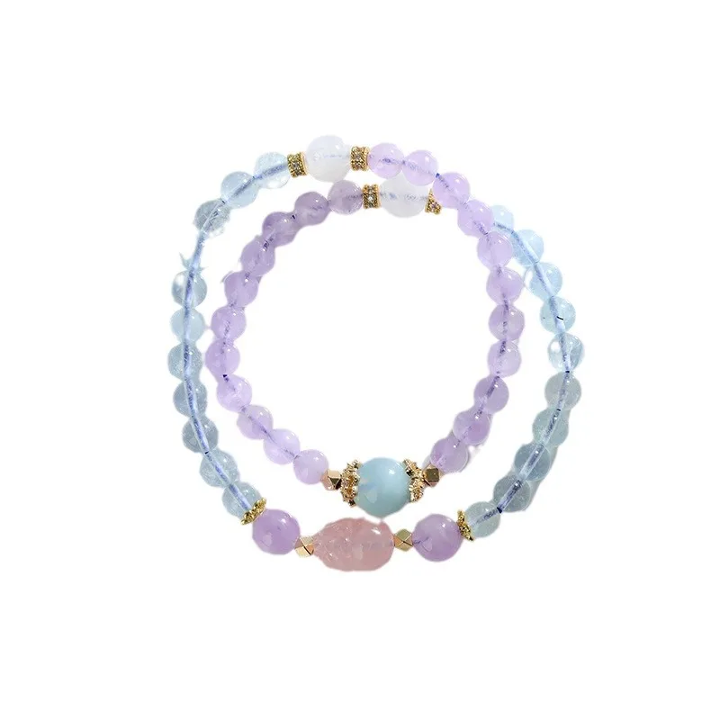 Natural Lavender Amethyst Aquamarine Double Circle Pixiu Bracelet New Chinese Original Women's Bracelet Jewelry