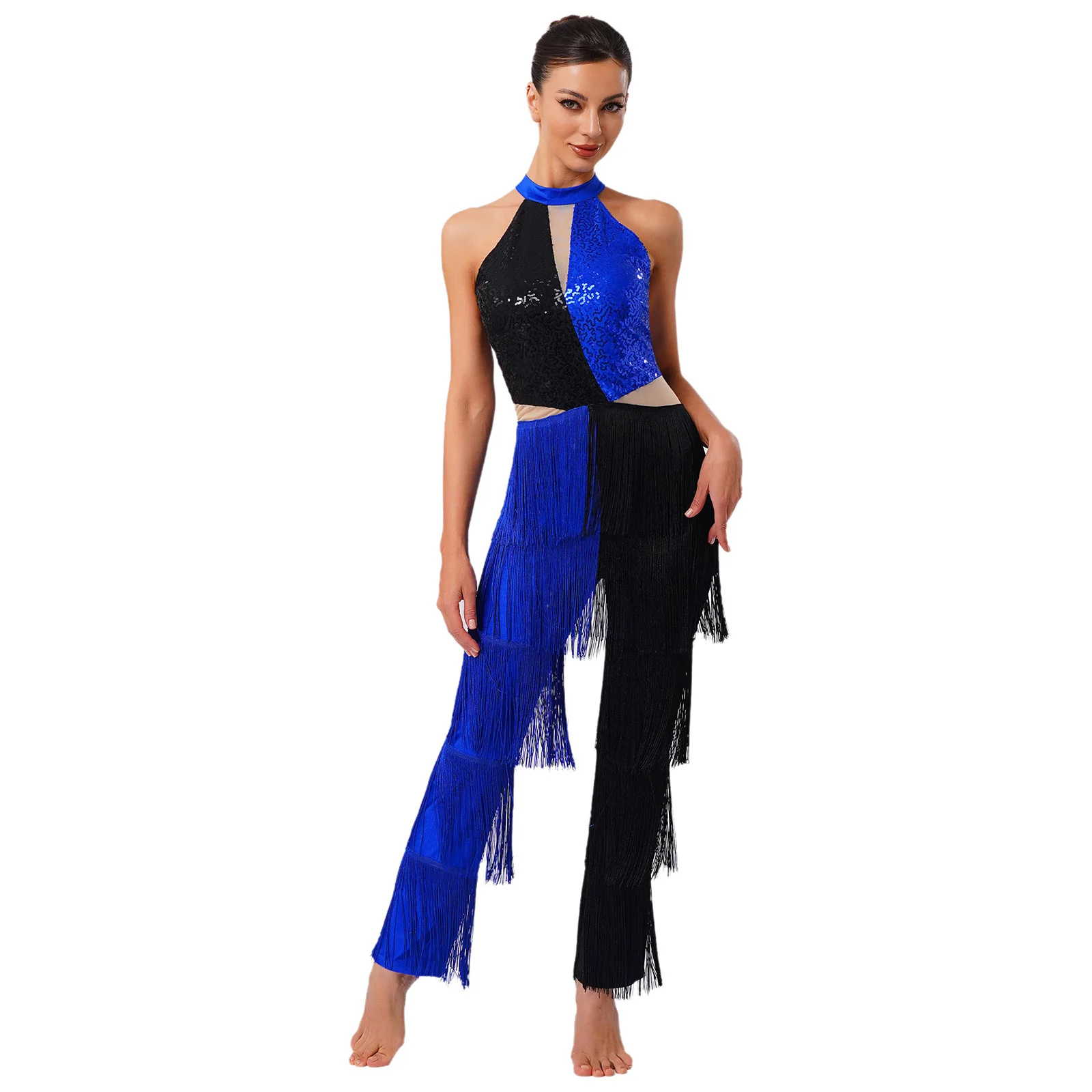 Womens Elegant 70s Disco Jumpsuit Chest Shiny Sequin Fringe Long Pants Contrast Color Bodysuit for Latin Prom Dance Performance