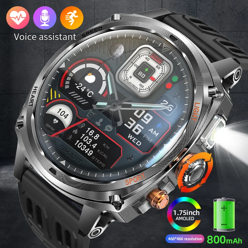 

New 800mAh Battery Smart Watch Men's 1.75 inch Outdoor Sports IP68 Waterproof Watches BT Calling with LED Flashlight Smartwatch