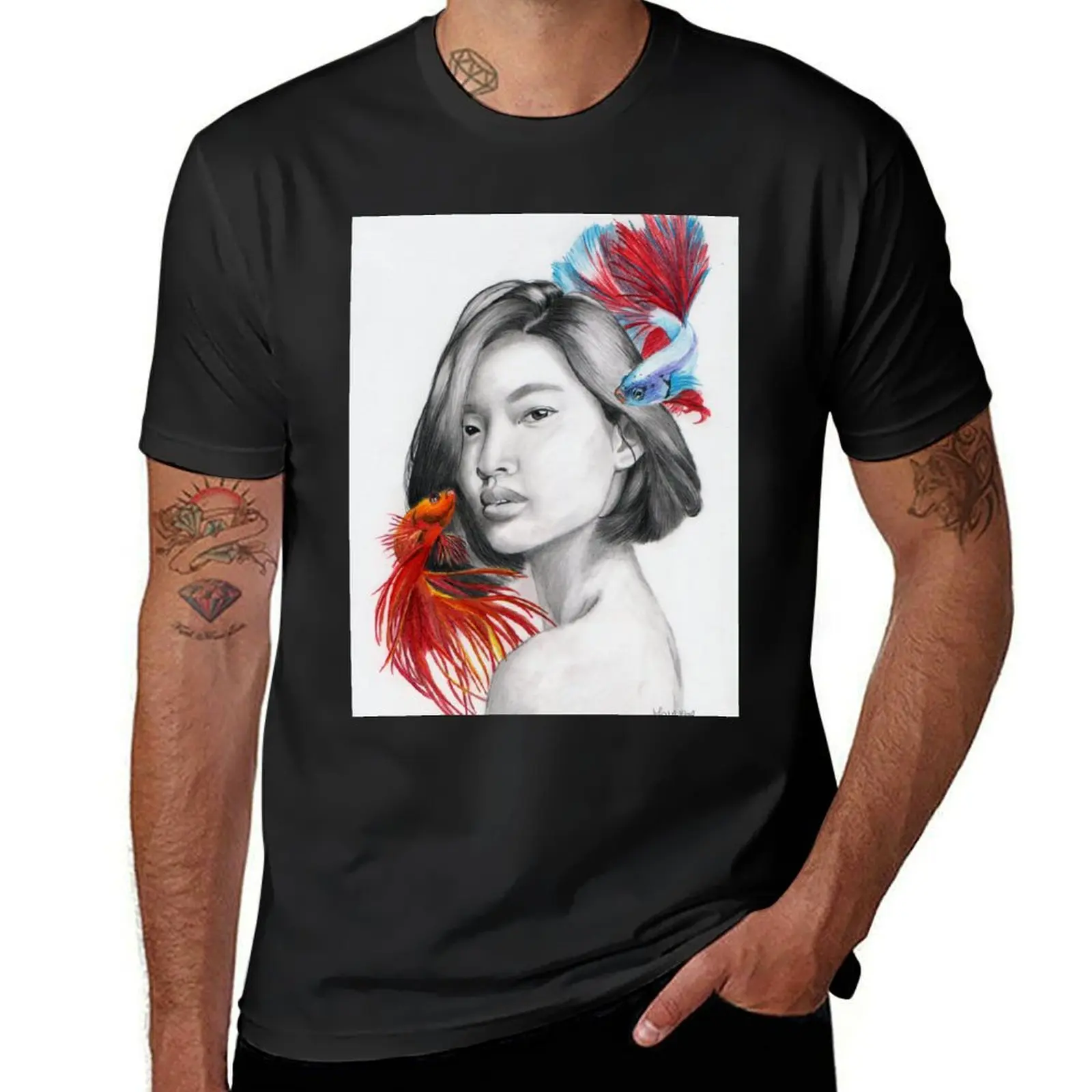 

Surrealistic Portrait Girl with Fish T-Shirt vintage anime korean fashion anime clothes T-shirt men