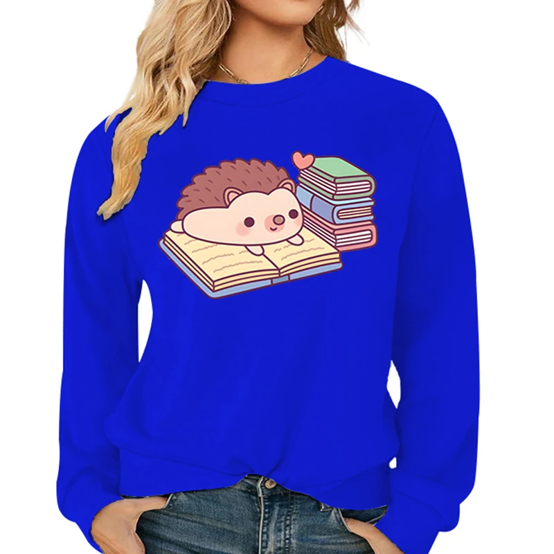 Cute Hedgehog Reading Book Pattern Women's Hoodies Fashion Casual Cartoon Animal Hoody Loose Cotton Ladies Hedgehog Sweatshirts