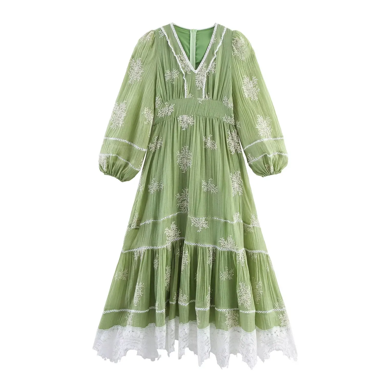 

2025 Holiday Style Autumn Women's Beach Dress Bohemian Embroidery Lace V-Neck Waist Long Dress