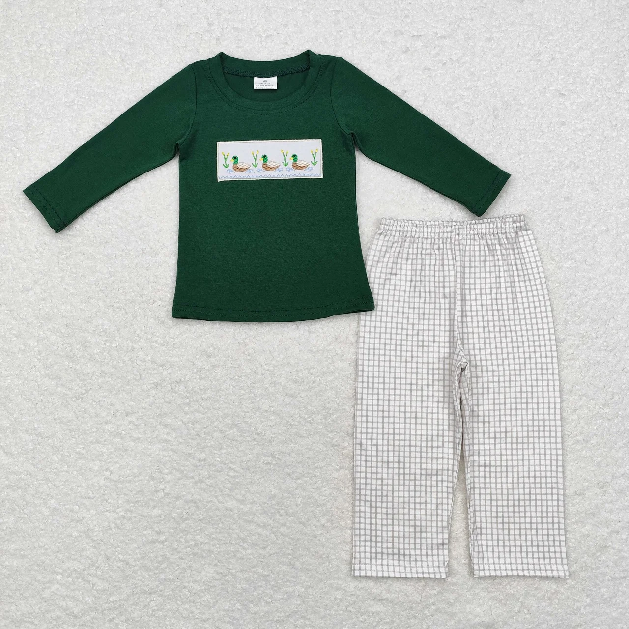 

Wholesale Baby Boy Embroidery Ducks Pajamas Long Sleeves Green Cotton Shirt Children Plaid Pants Set Toddler Kids Outfit Clothes