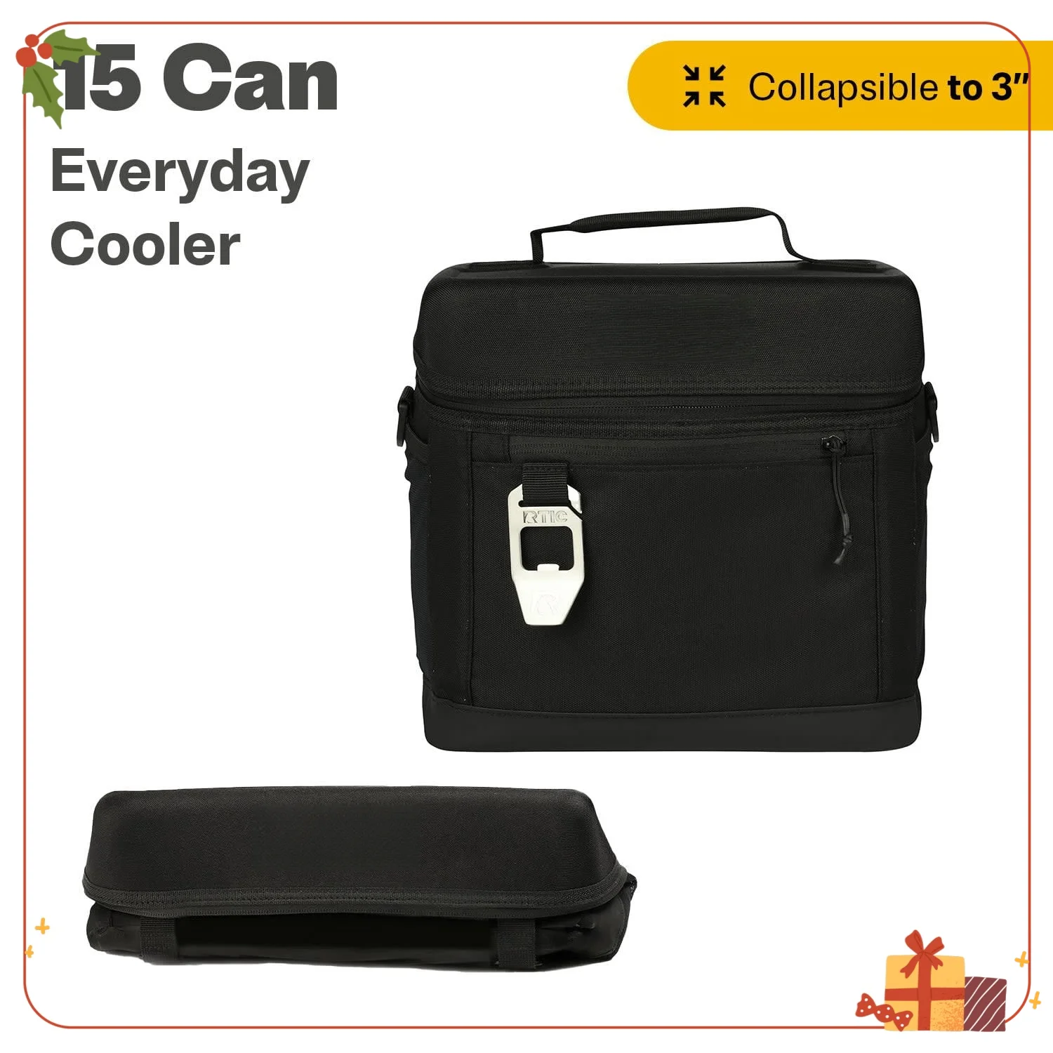 15 Can Collapsible Soft Cooler, 16QT Everyday Use with Bottle Opener, Black Insulated Bag for Picnics & Travel