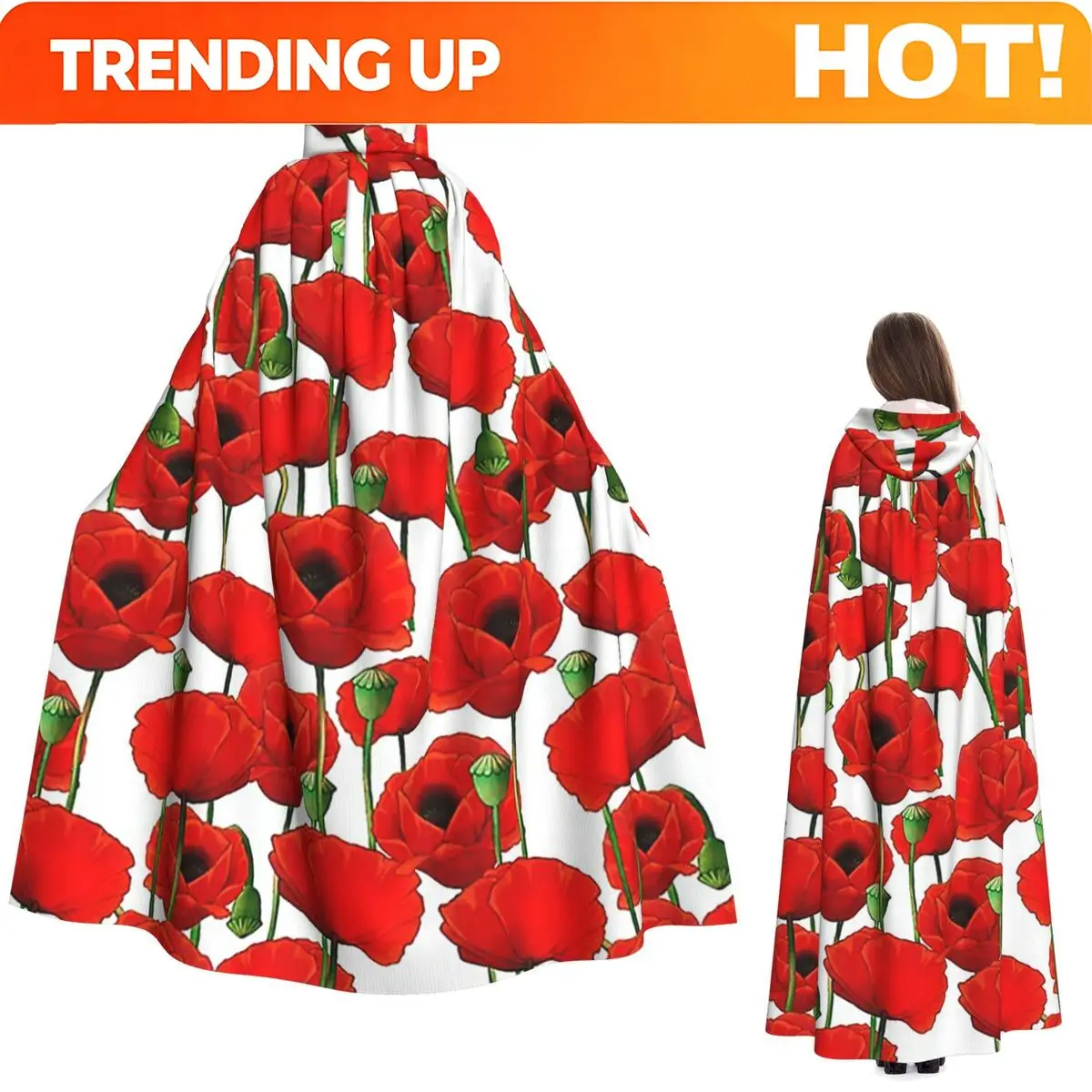 Customization Poppy Pattern Long Hooded Cloak Witch Medieval Costume Cosplay Cape HalloweenVampire Adult Unisex