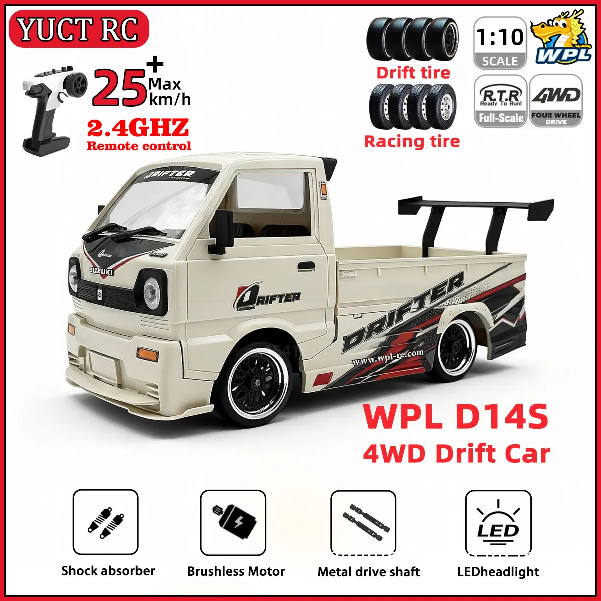 

1:10 WPL D14S 4WD RC Car Drift Climbing Truck 2435 Brushless Motor LED Light Metal Upgrade Parts Toy Gift for Kids
