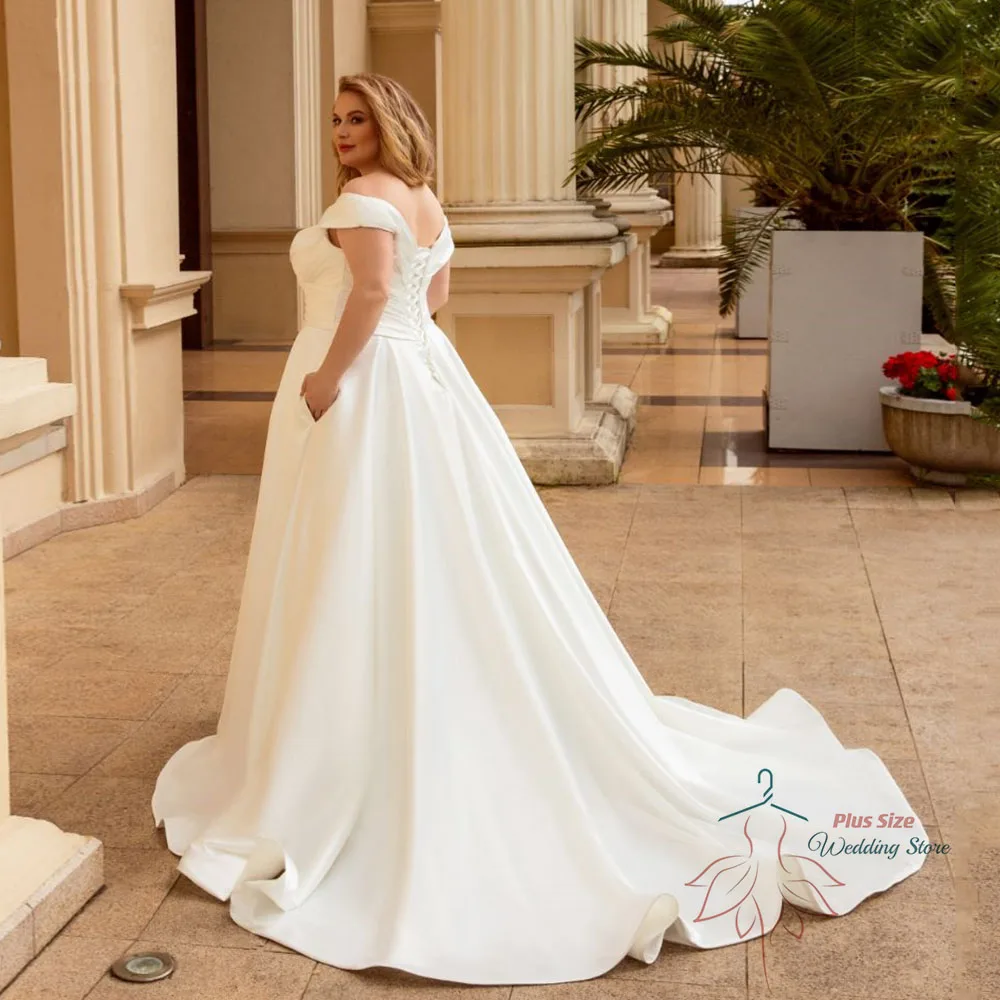 Elegante Trouwjurk Voor Vrouwen Plus Size Satijn V-Hals Van De Schouder Bruid Jurk Veters Up Sweep Trein A-Lijn Robe De Mariée