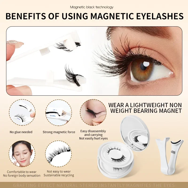 2pairs Magnetic False Eyelashes New Style Glue-Free Fake Mink False Eyelashes Natural Nude Makeup With Mirror Reusable Beauty