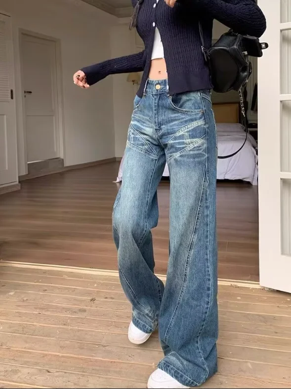 

Korean Casual Jeans Fashion High Street Jeans High-Waisted Slightly Flared Pants Straight-Leg Loose Wide-Leg Mopping Trousers