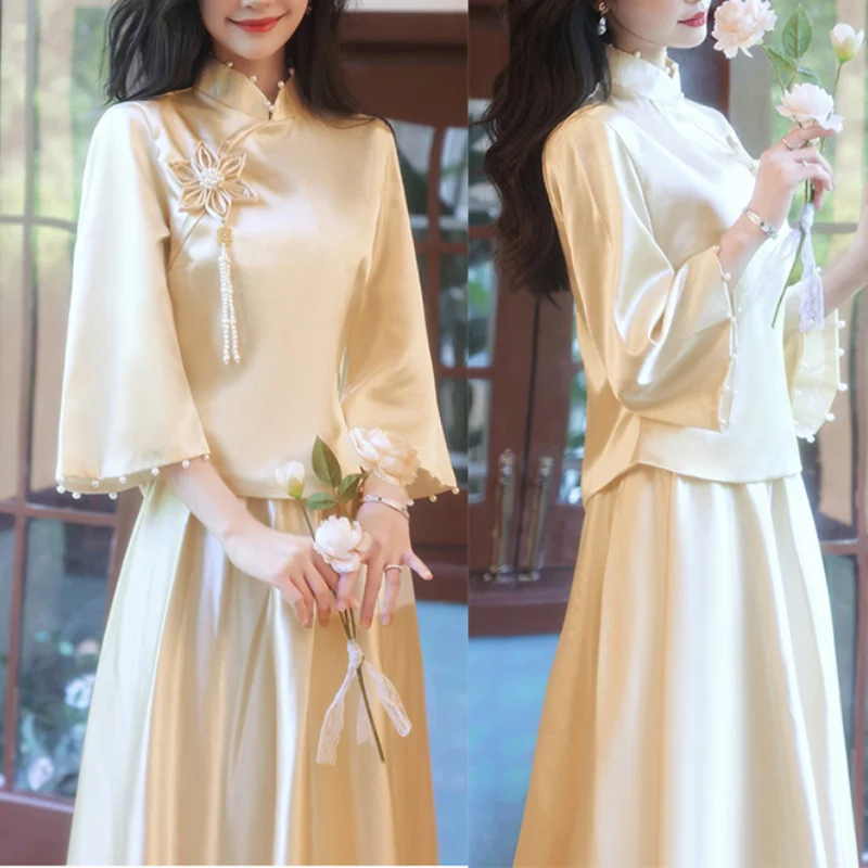 

Luxury Satin Wedding Dress Champagne Bridesmaid Cheongsam New Chinese Style Cheongsam Women Elegant Qipao Long Vestidos