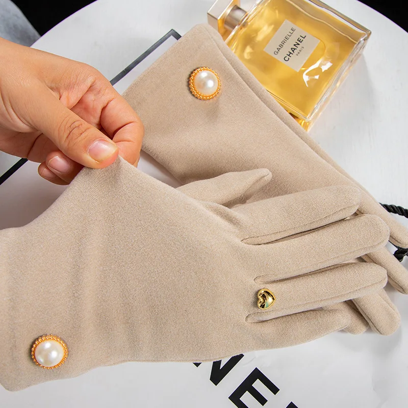 Korean Cute Pearl Plus Velvet Outdoor Sports Cycling Windproof Touch Screen Driving Women\'s Autumn and Winter Warm Gloves S349