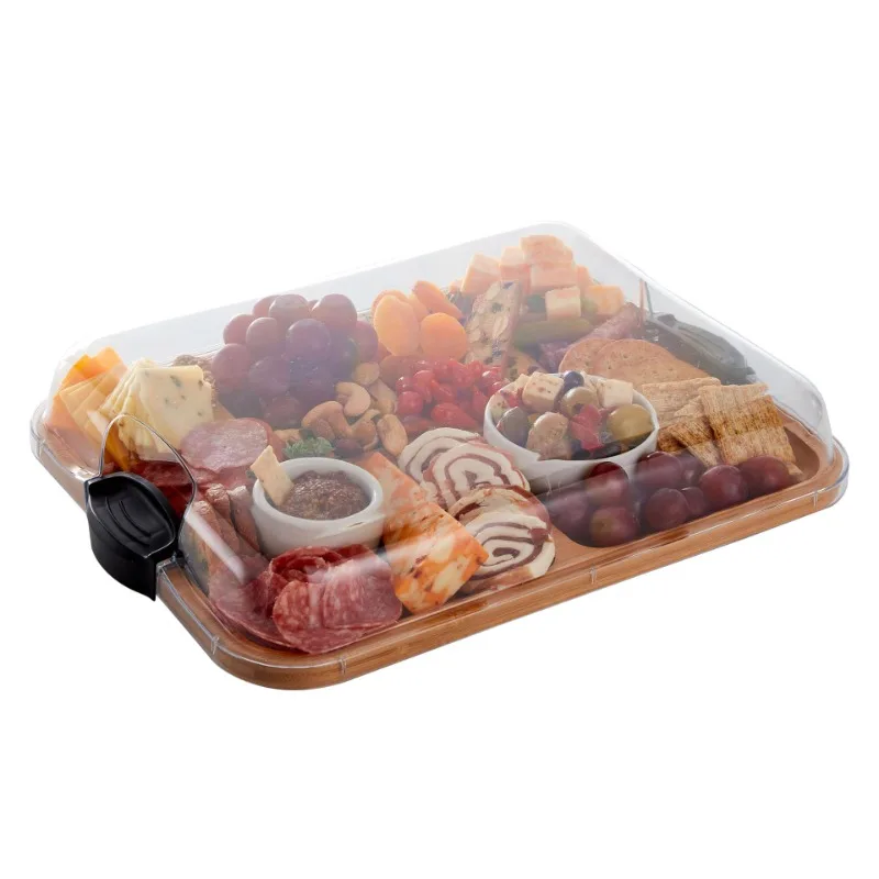 

Wooden Serving Tray with Lid - Natural Wood Cheese Board Snack Fruit Tray Dust-Proof Transparent Locking Cover Multi-Purpose