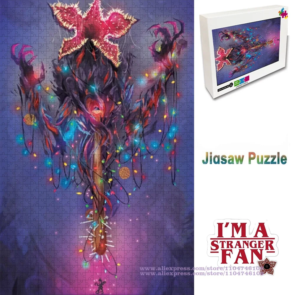 

Stranger Things Demogorgon Puzzle Christmas Lights Tree Shape Jigsaw Puzzle for Fans 108/200/300/500/1000/1500Pcs Home Decor