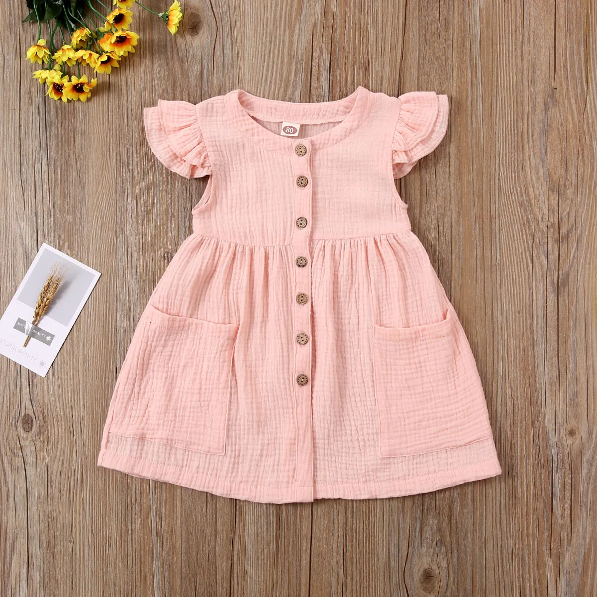 2020-03-31 Lioraitiin 0-6Years Toddler Kid Baby Girl Summer Dress Ruffles Sleeves Cotton Button Pocket Dress Sundress Clothes