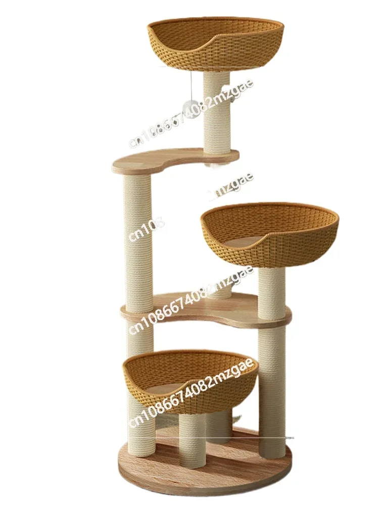 Cat climbing frame, rattan weaving, solid wood cat nest, and cat tree integrated luxury multi story villa