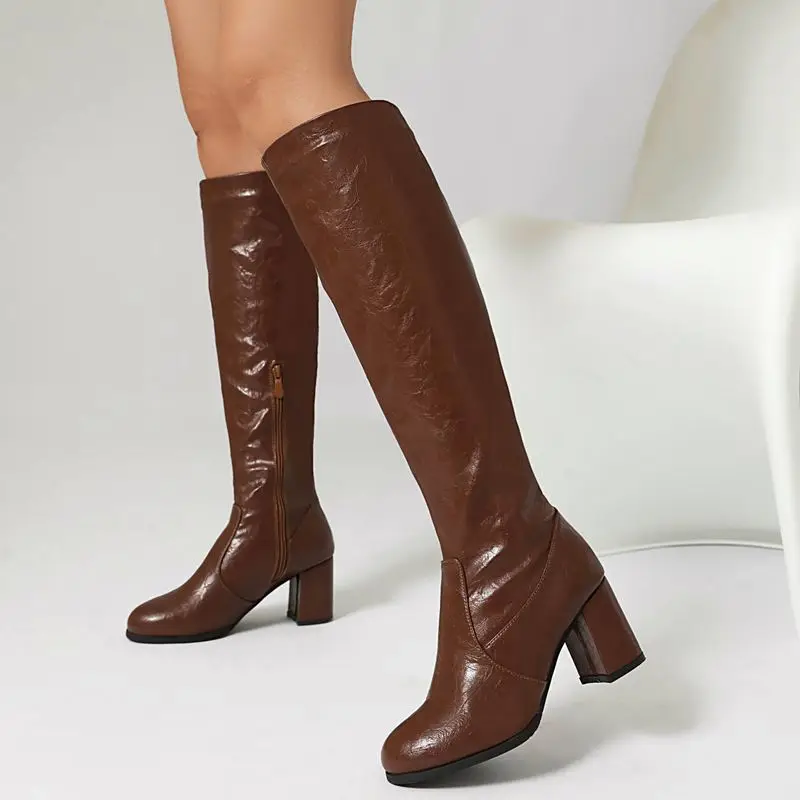 

SIMLOVEYO классические женские сапоги до колена с круглым носком на блочном каблуке 6,5 см, 46 47, 48, винтажные повседневные женские ботильоны для верховой езды