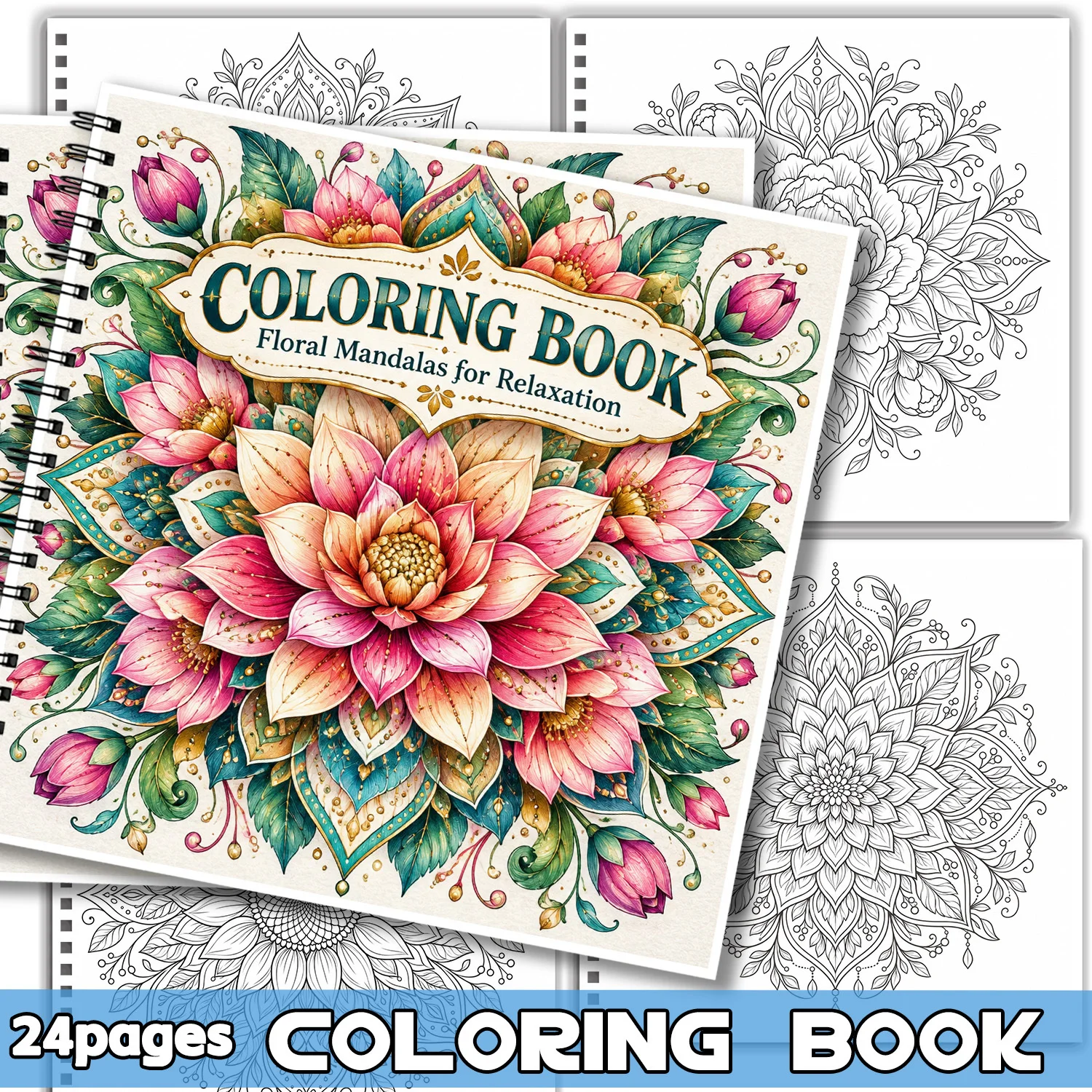 Spiral Binding Coloring Book Floral Mandalas for Relaxation, showcasing creativity & relieving stress for Adults Teens 24 Sheets