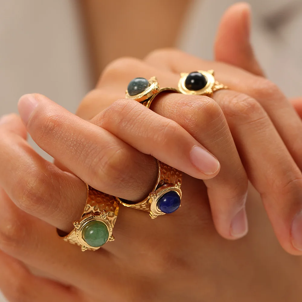 حلقات حجرية من الفولاذ المقاوم للصدأ للنساء حلقات كبيرة قابلة للفتح من الحجر الطبيعي الملون