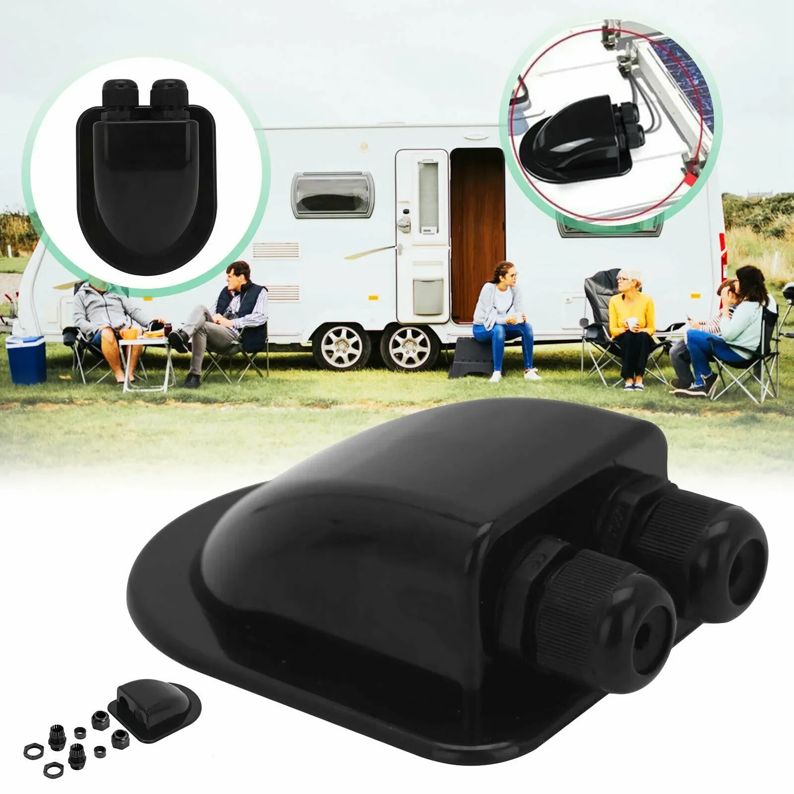 New Black Solar Panel Roof Top Double Cable Entry Gland Box Motorhome Camper RV Boat Case