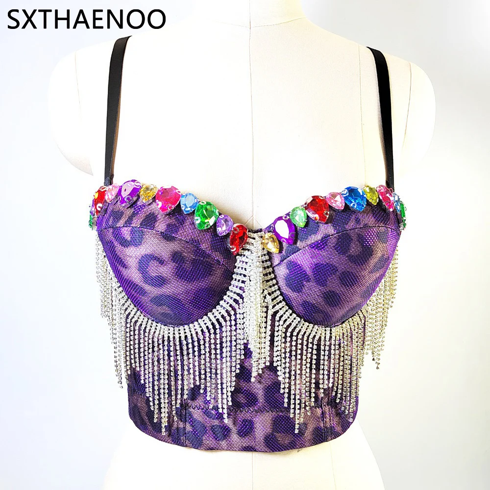 SXTHAENOO 2023 Fashion Leopard Print Short Top Multicolor Irregular Crystal Underwear Suspender Vest Sexy Corset For Night Club