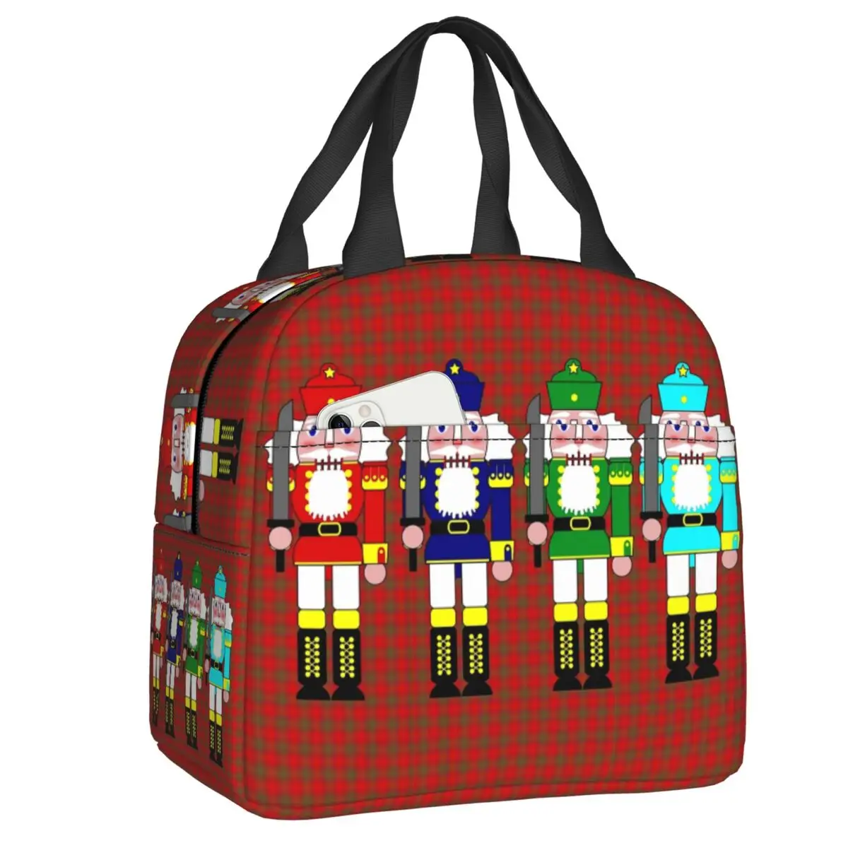 

Nutcracker Soldiers Red Plaid Insulated Lunch Bag for Camping Travel Colorful Christmas Thermal Cooler Bento Box Women Children