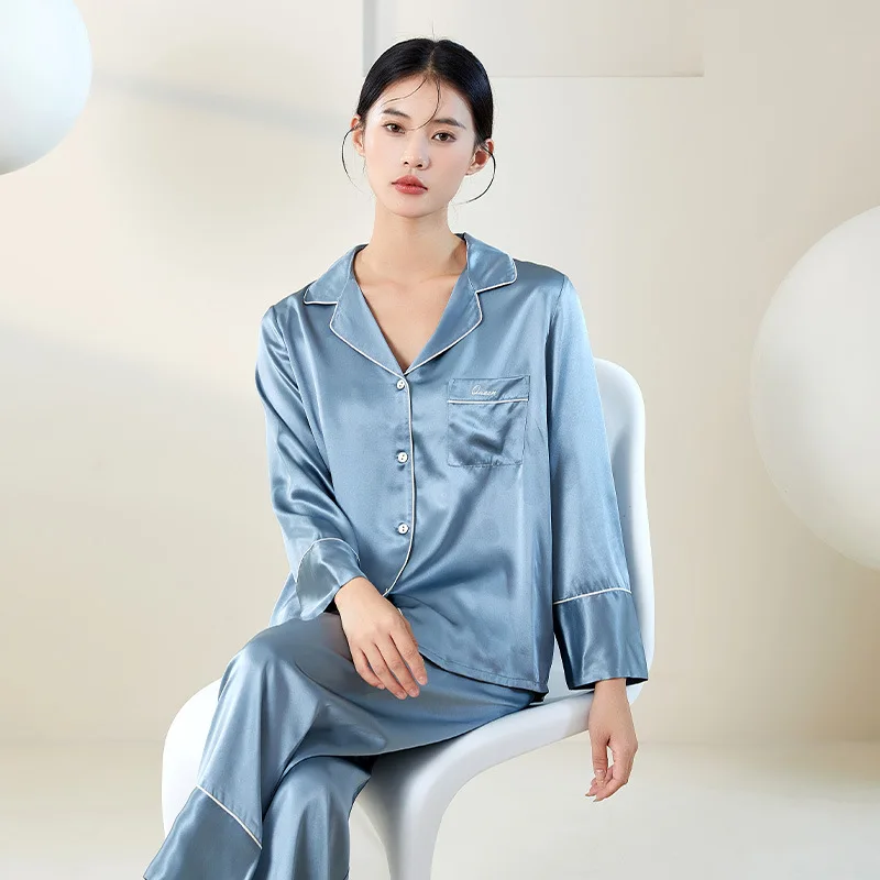 BirdTree, 100%Real Silk Solid Pajamas Set, Women Long Sleeve Pants, Simplicity Comfortable Homewear, 2024 Summer New S441111QC