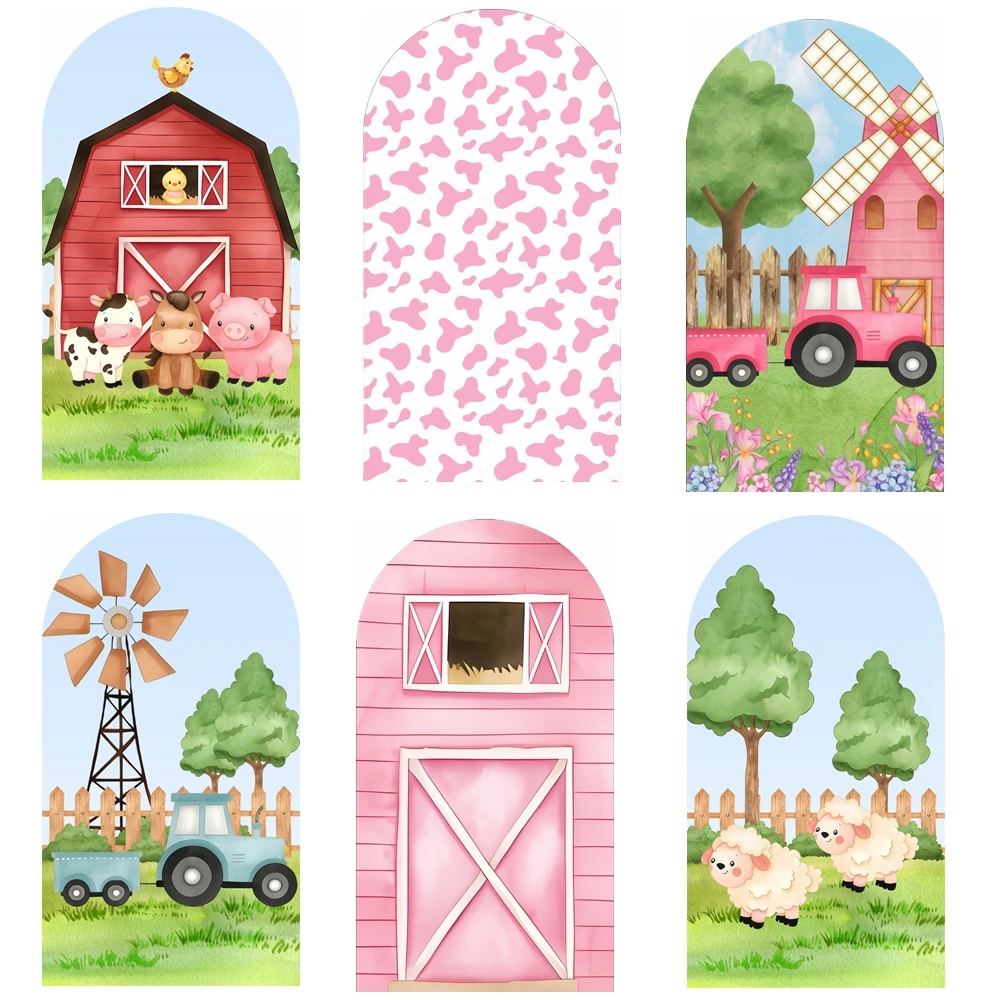 Pink Farm Theme Arch Cover Backdrop Cow Pig Tractor Windmill Decor For Girls Birthday Party Baby Shower Background Decoration