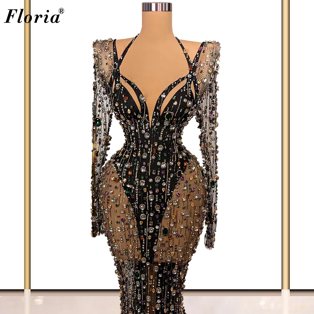 Luxury Heavy Handmade Evening Dresses Crystals Long Sleeves Evening Gowns Sexy Mermaid Celebrity Dresses Special Occasion Gowns