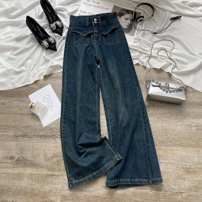 

Nostalgic Blue Wide-leg Jeans for Women's Autumn and Winter Loose High-waisted Slimming Versatile Straight Flared Pants Style