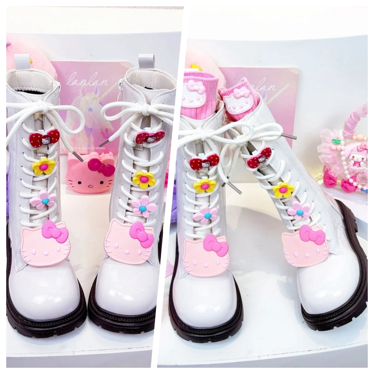 

Детские ботинки Sanrio Hello Kitty, повседневные студенческие нескользящие износостойкие удобные осенние и зимние высокие сапоги из блестящей кожи в стиле аниме