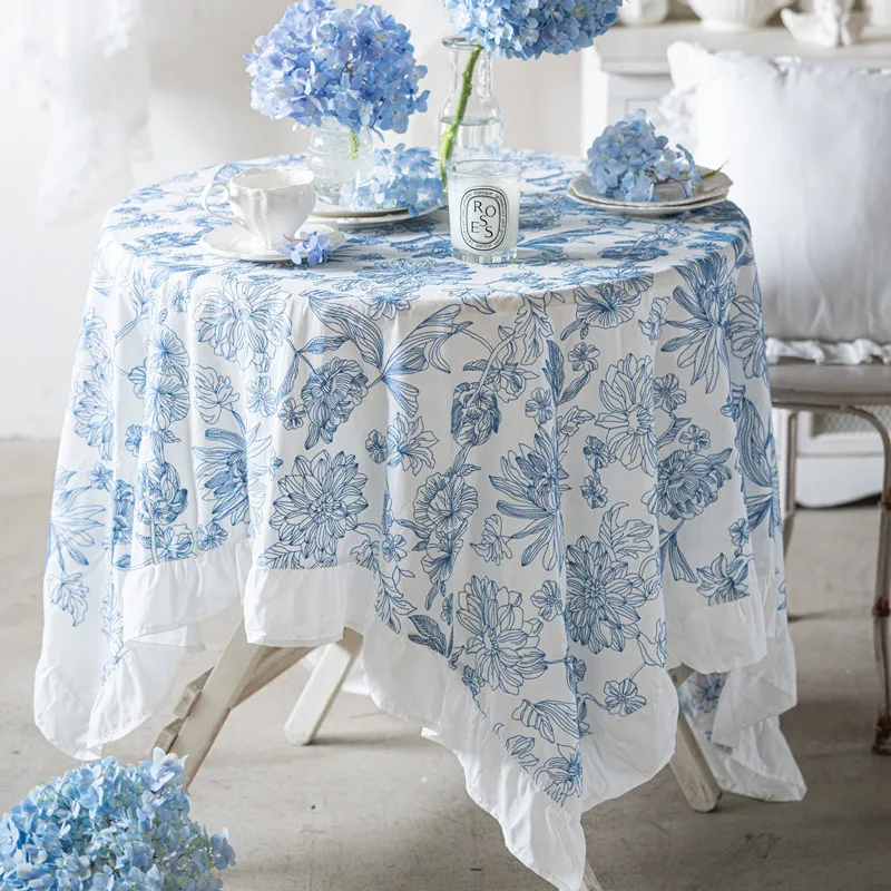 Blue and White Porcelain All Cotton Embroidered Tablecloth Waterproof and Oil Resistant Lotus Leaf Edge Tea Table Tablecloth