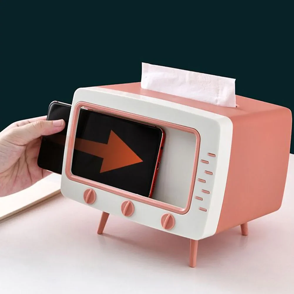 

New TV Tissue Box with Mobile Phone Holder Desktop Paper Holder Multi-functional Tissue Storage Case for Living Room Night Stand