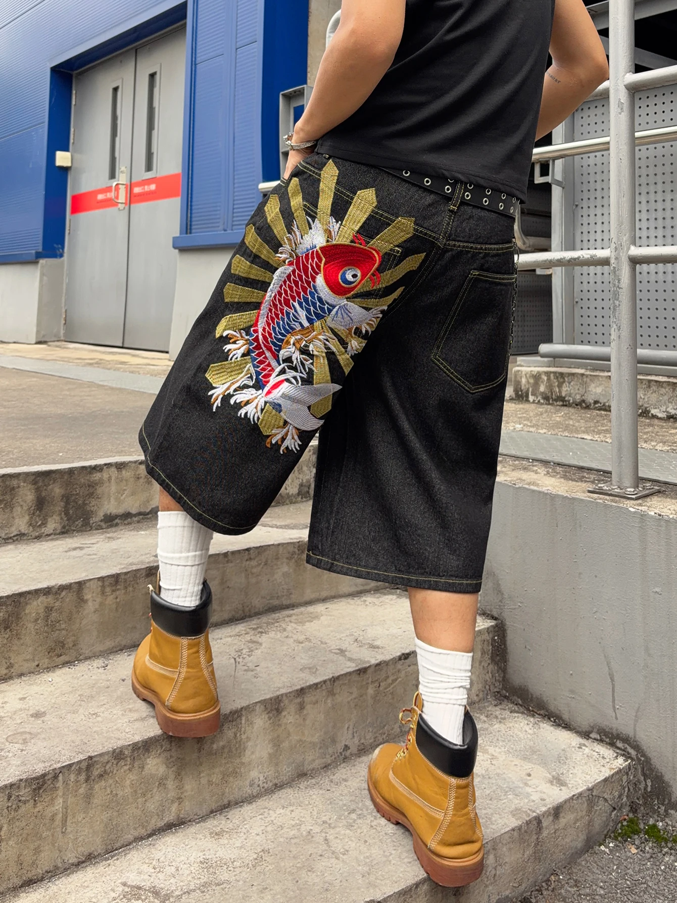 

Men's Loose-Fitting,Versatile Baggy Denim Shorts With Lucky Koi Fish Embroidery Design. Street Style Shorts,No Belt/Accessroies