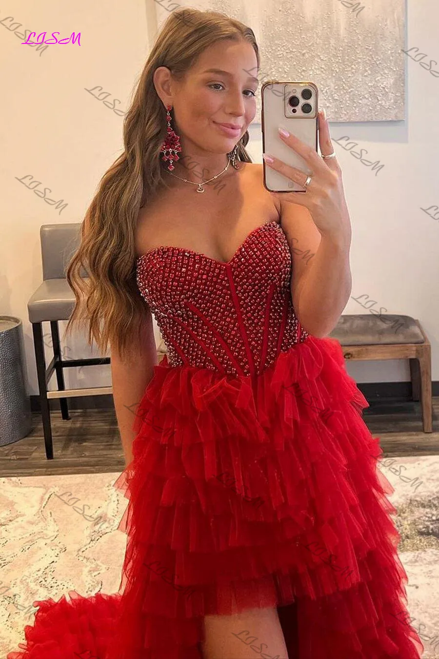 Vestido De fiesta De línea a con cuentas Rojas, vestido De graduación Alto y Bajo, Vestidos De noche formales brillantes con escote Corazón, Vestidos De fiesta hermosos