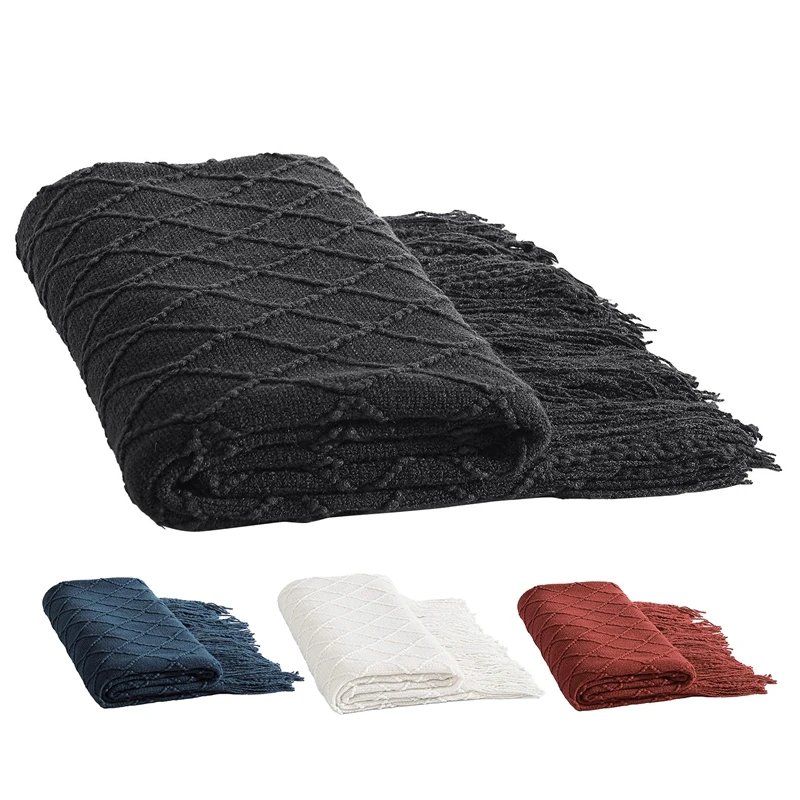 

Rhombus Acrylic Knit Woven Blanket,Soft Nap Throw With Tassel For Bed Sofa Travel Picnic, Suitable For All Seasons