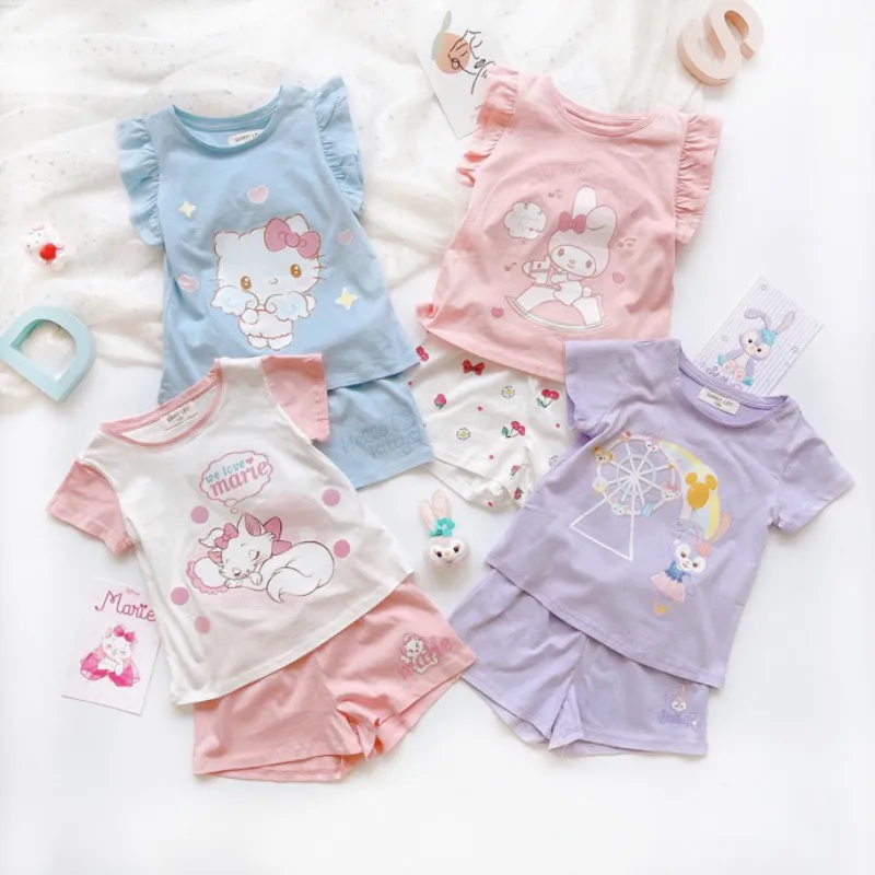 

Kawaii Hello Kittys Child Pajamas Cotton Suit Sanrios Cartoon Figure My Melodys Tracksuit Short Sleeves Cool Korean Version